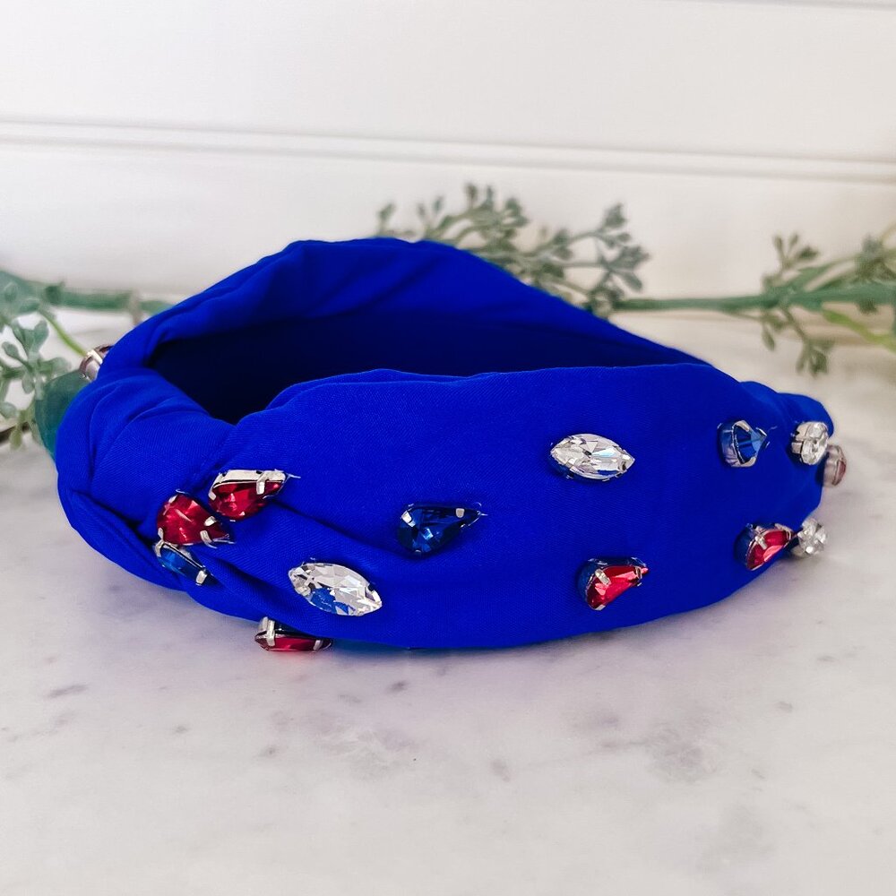 Royal Blue Knot Headband With Red, White and Blue Stones